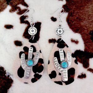 Turquoise Leopard Animal Print Cactus Dangle Earrings